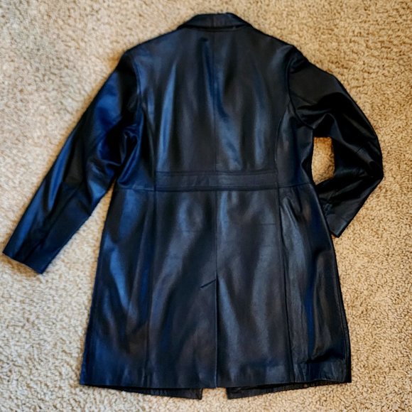 Modern Essentials Black Lambskin Leather Button Front Mid Length Coat Jacket XL - Picture 4 of 10